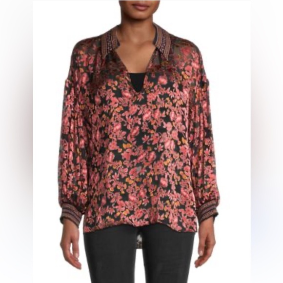 ALICE & OLIVIA Desiree Velvet Effect Blouse Textured Sheer Floral V-Neck - Picture 4 of 11